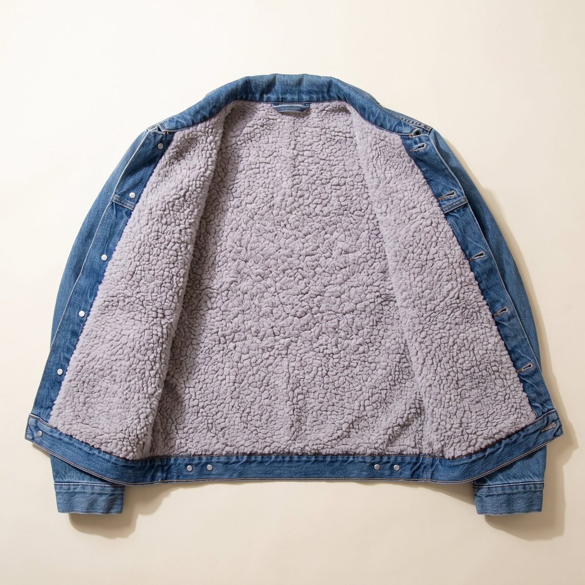 Chaqueta de jean abierta mostrando su forro de tela Borrego color Gris Claro, Textti
