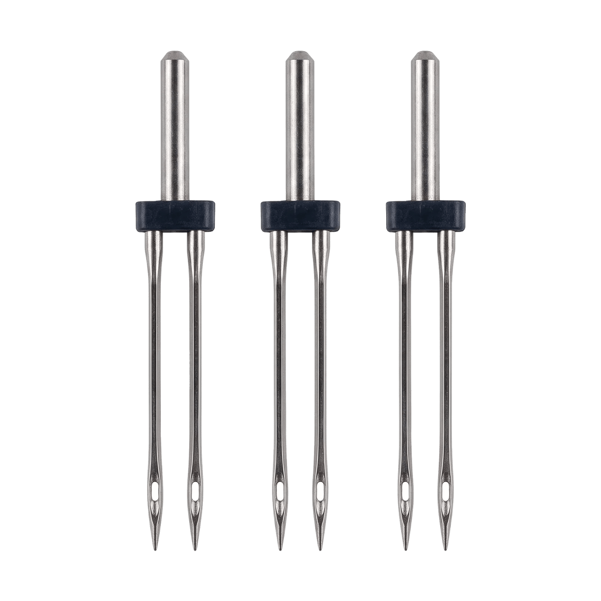 Tres agujas gemelas para máquina familiar, cada una con dos hojas paralelas