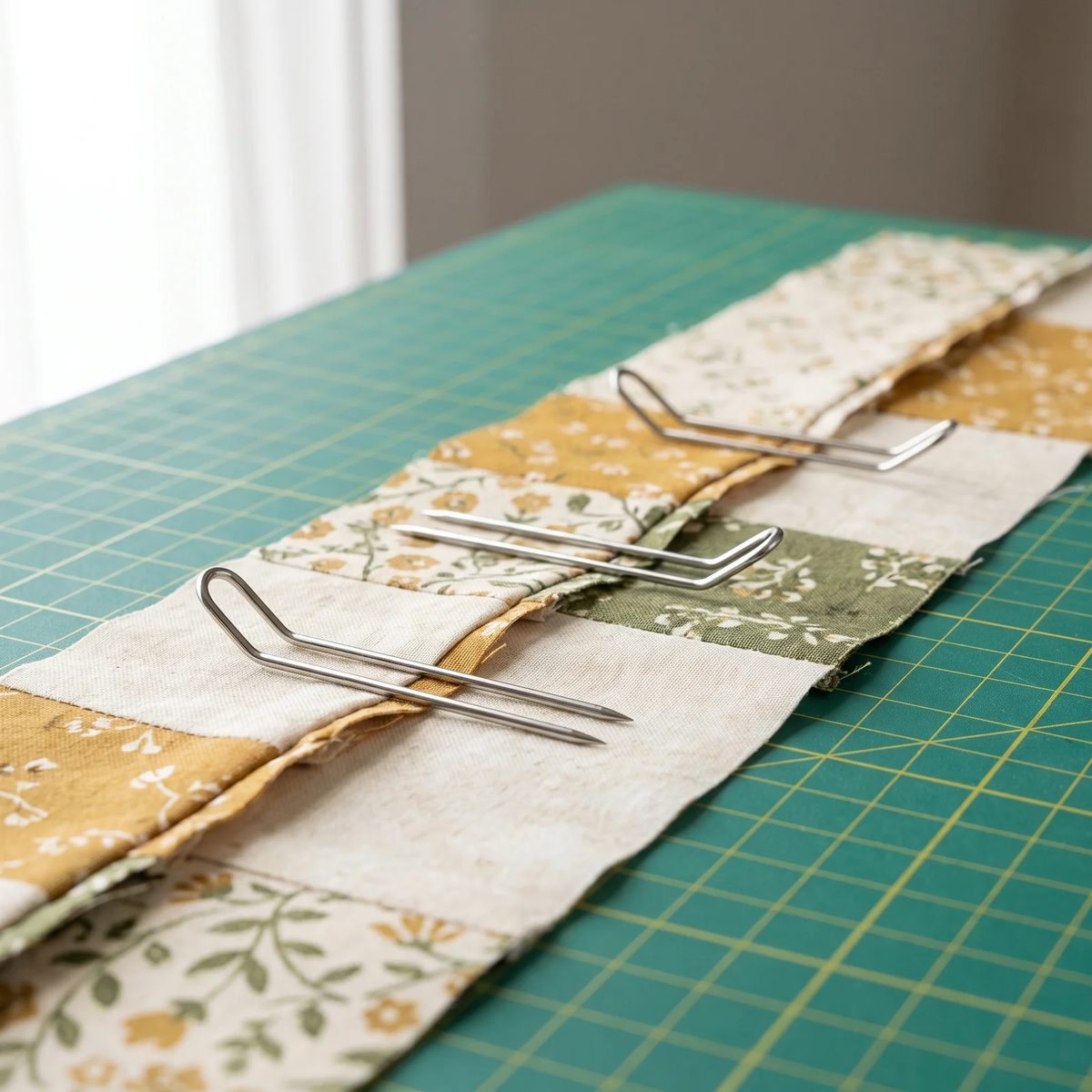 Tres alfileres de horquilla montados sobre las costuras encaradas de dos tiras de patchwork en la mesa de corte