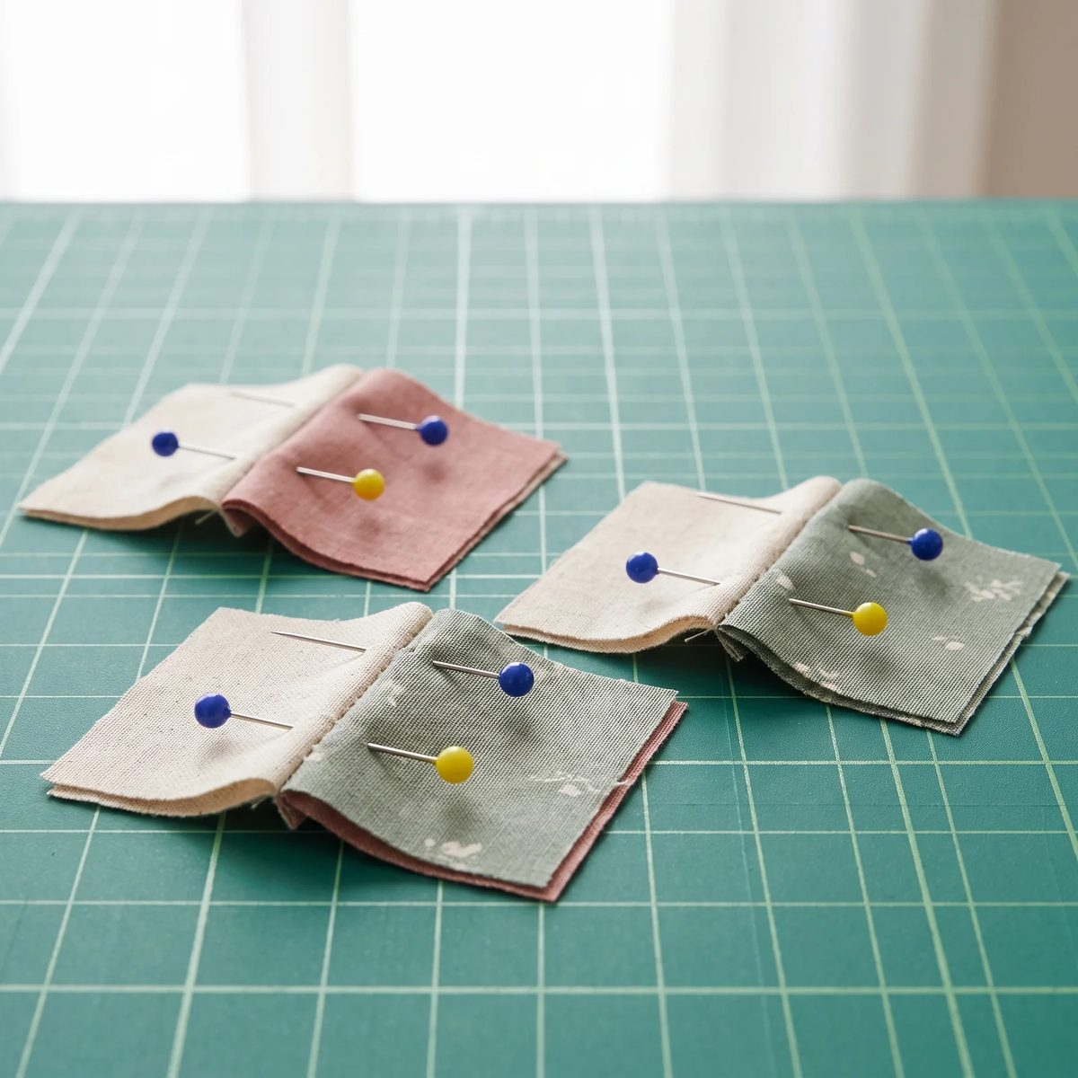 Cuadros pequeños de algodón estampado unidos de a dos y prendidos con alfileres de cabeza de vidrio