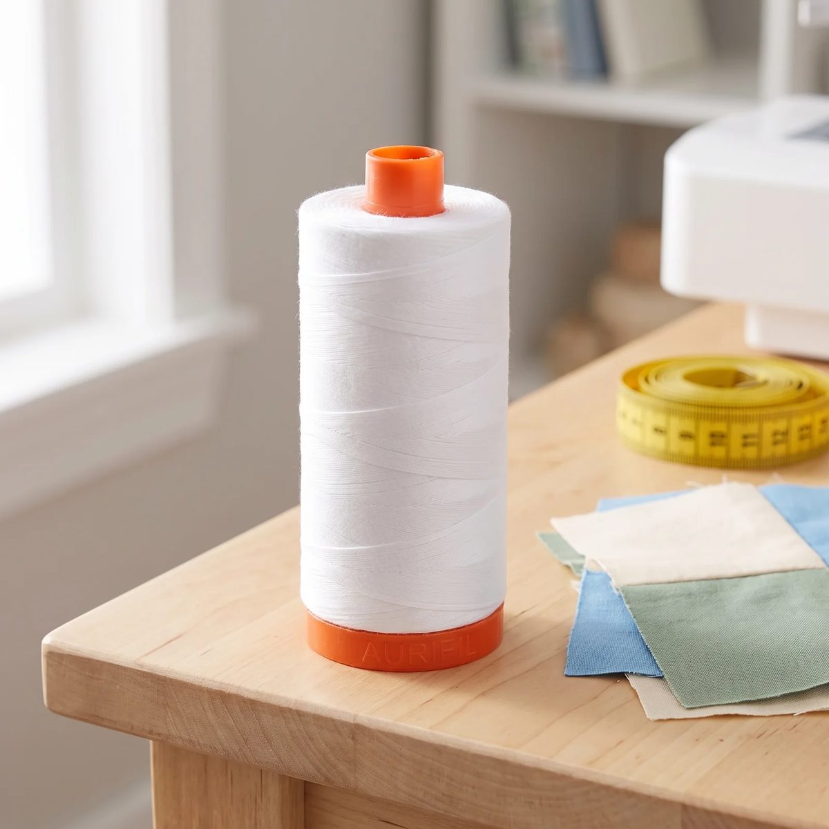 Carrete de hilo Aurifil 50wt blanco en la mesa de costura junto a retazos de algodón cortados para patchwork