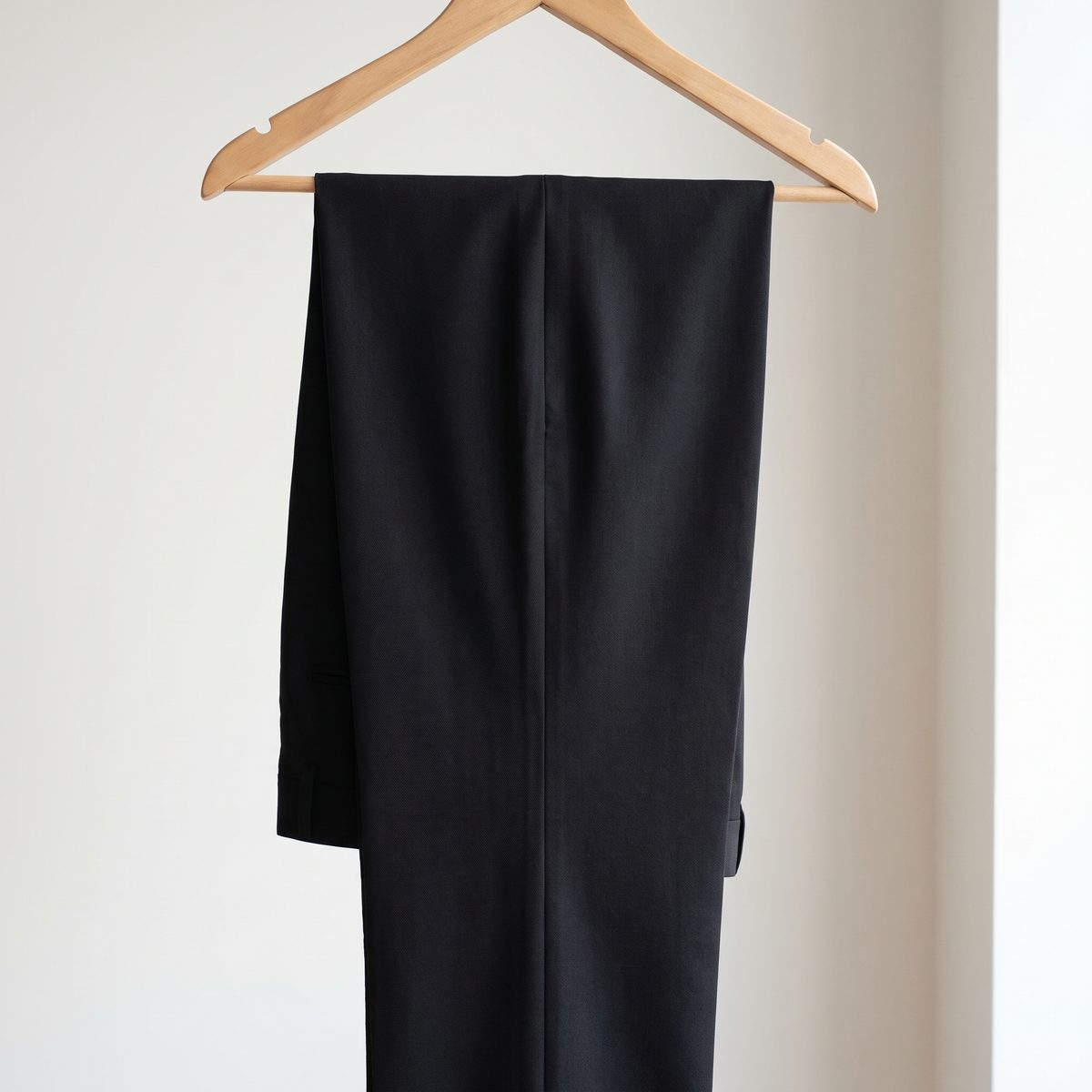 Pantalón de vestir en bengalina negra colgado de una percha de madera, Textti