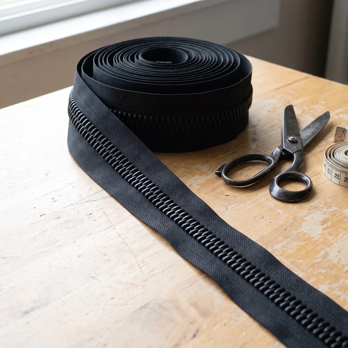 Rollo de cremallera número 10 sobre la mesa de taller, con tijera y metro de costurera