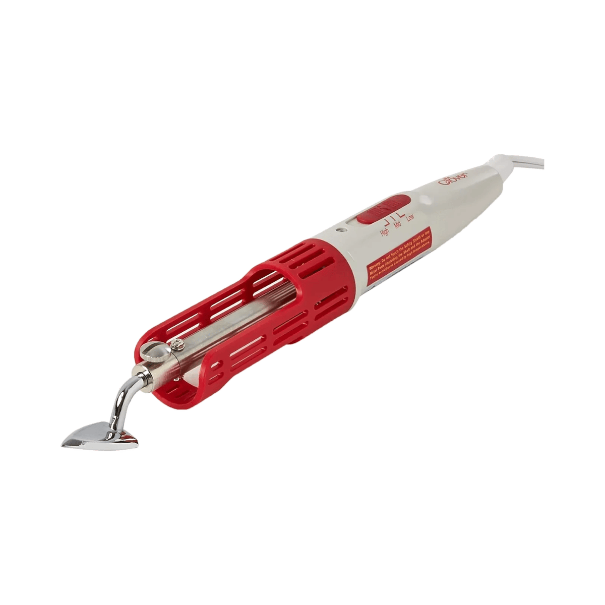 Mini plancha Clover Mini Iron II blanca y roja con punta cromada pequeña, vista de plano