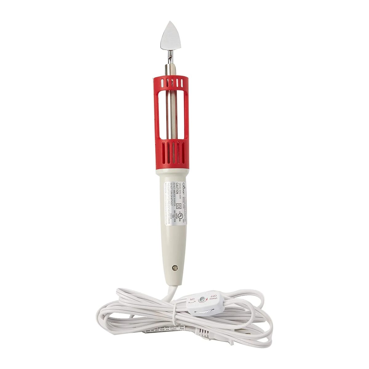 Mini plancha Clover Mini Iron II de pie con su cable blanco y el interruptor de encendido y apagado