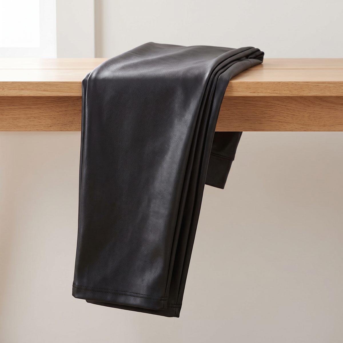 Pantalón en cuerina licrada negra doblado sobre un banco de madera, Textti