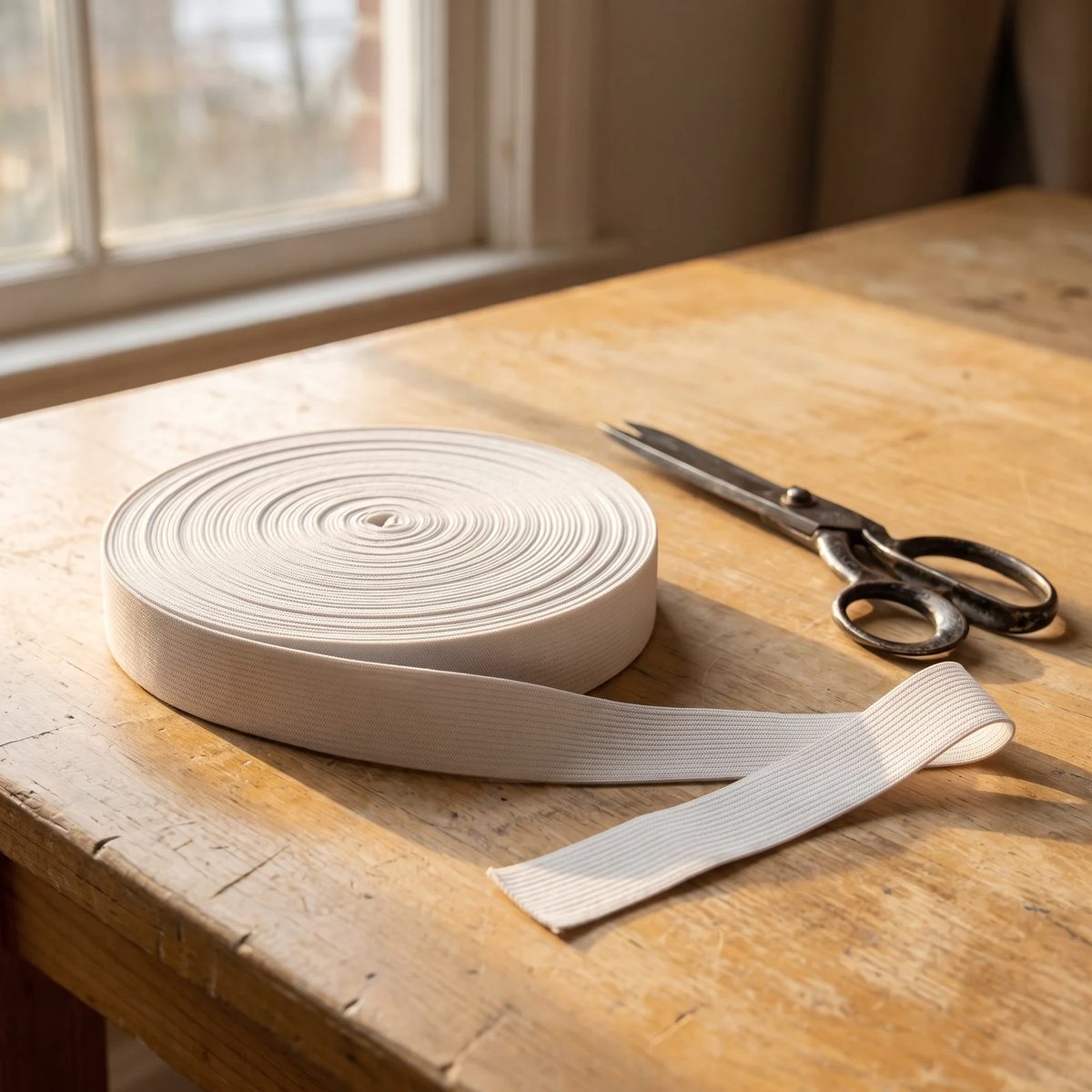 Rollo de elástico blanco y tijera de modistería sobre mesa de taller