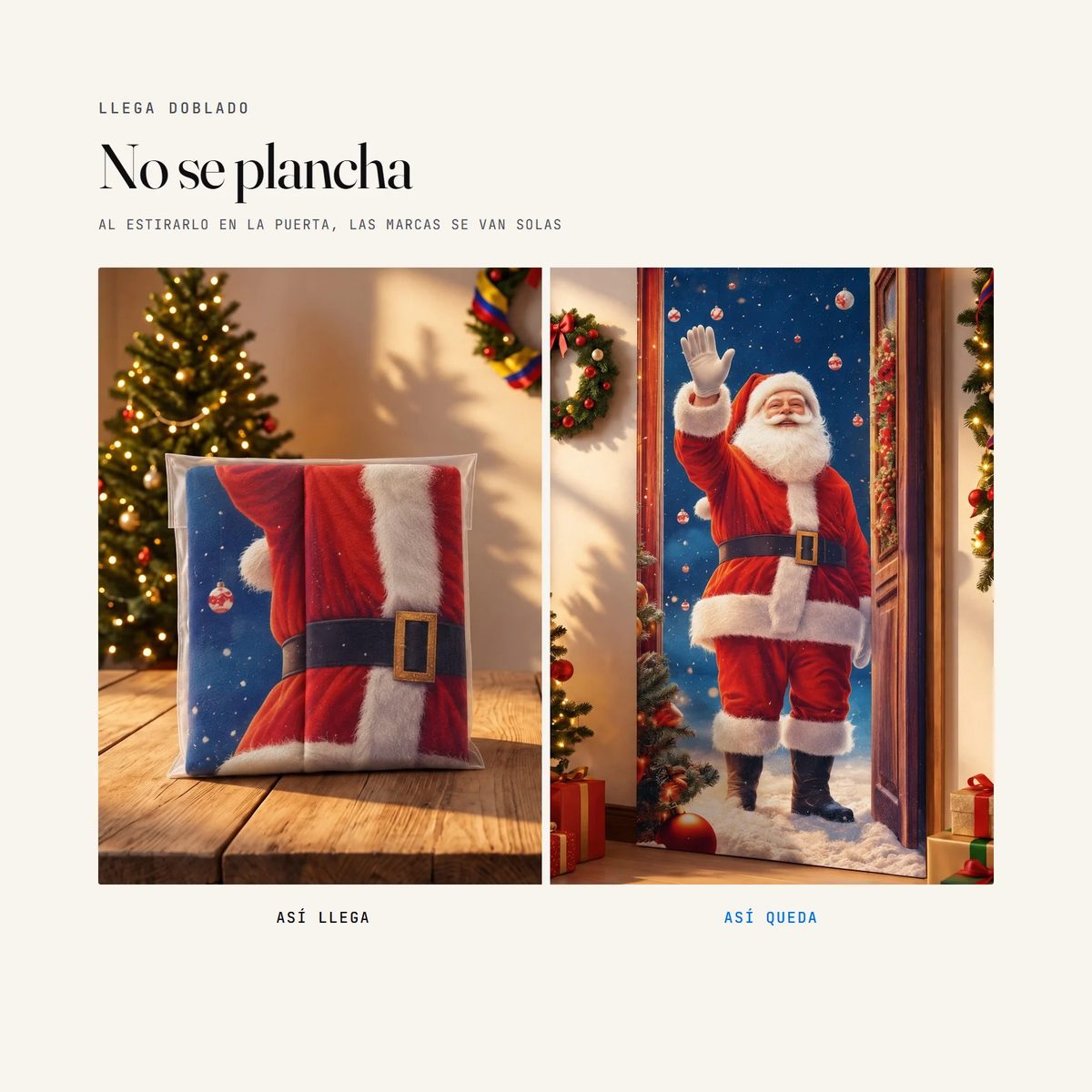 El forro navideño llega doblado y no se plancha: al estirarlo en la puerta las marcas se van solas