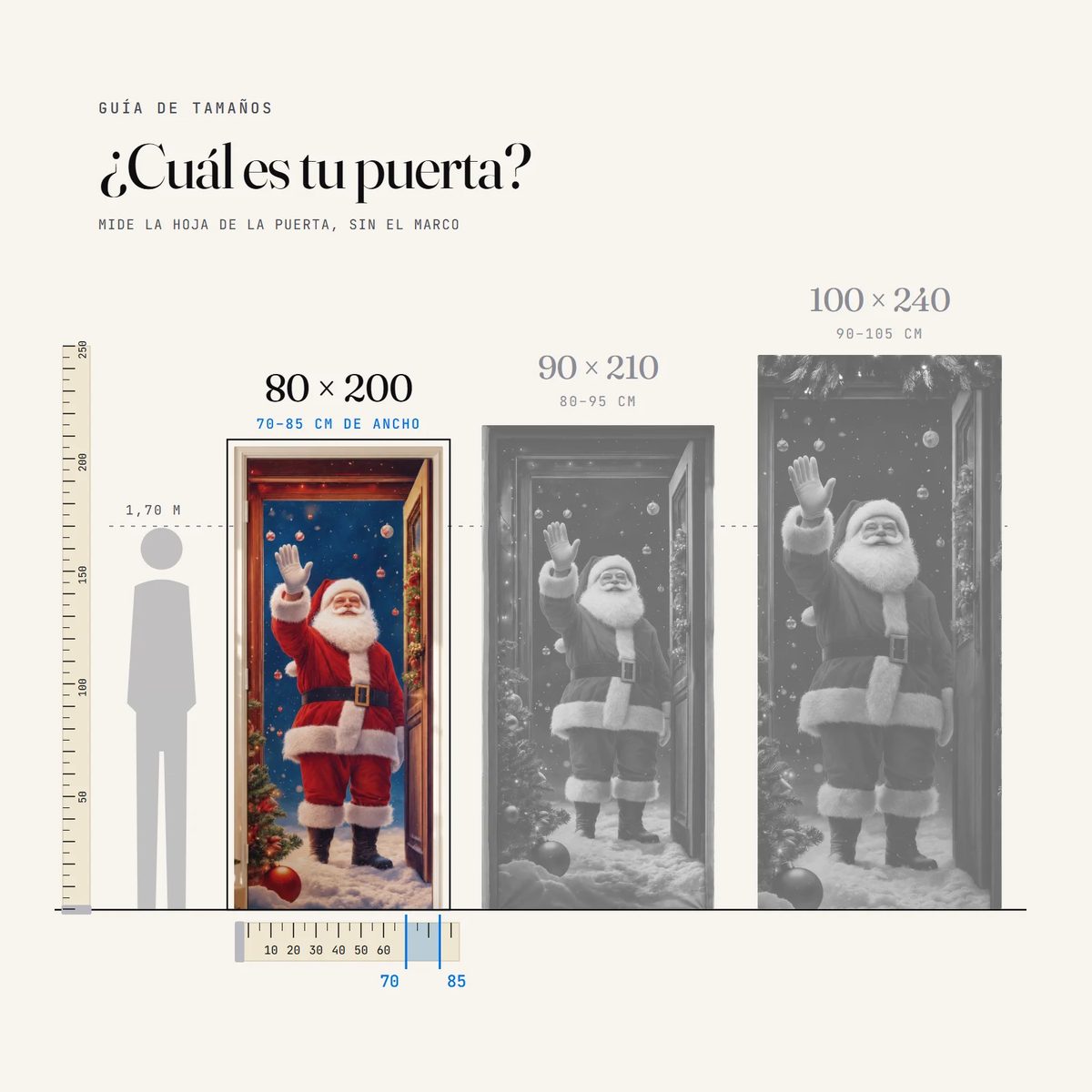 Guía de tamaños del forro navideño: la puerta de 80 × 200 cm junto a las de 90 × 210 y 100 × 240, a escala con una persona de 1,70 m