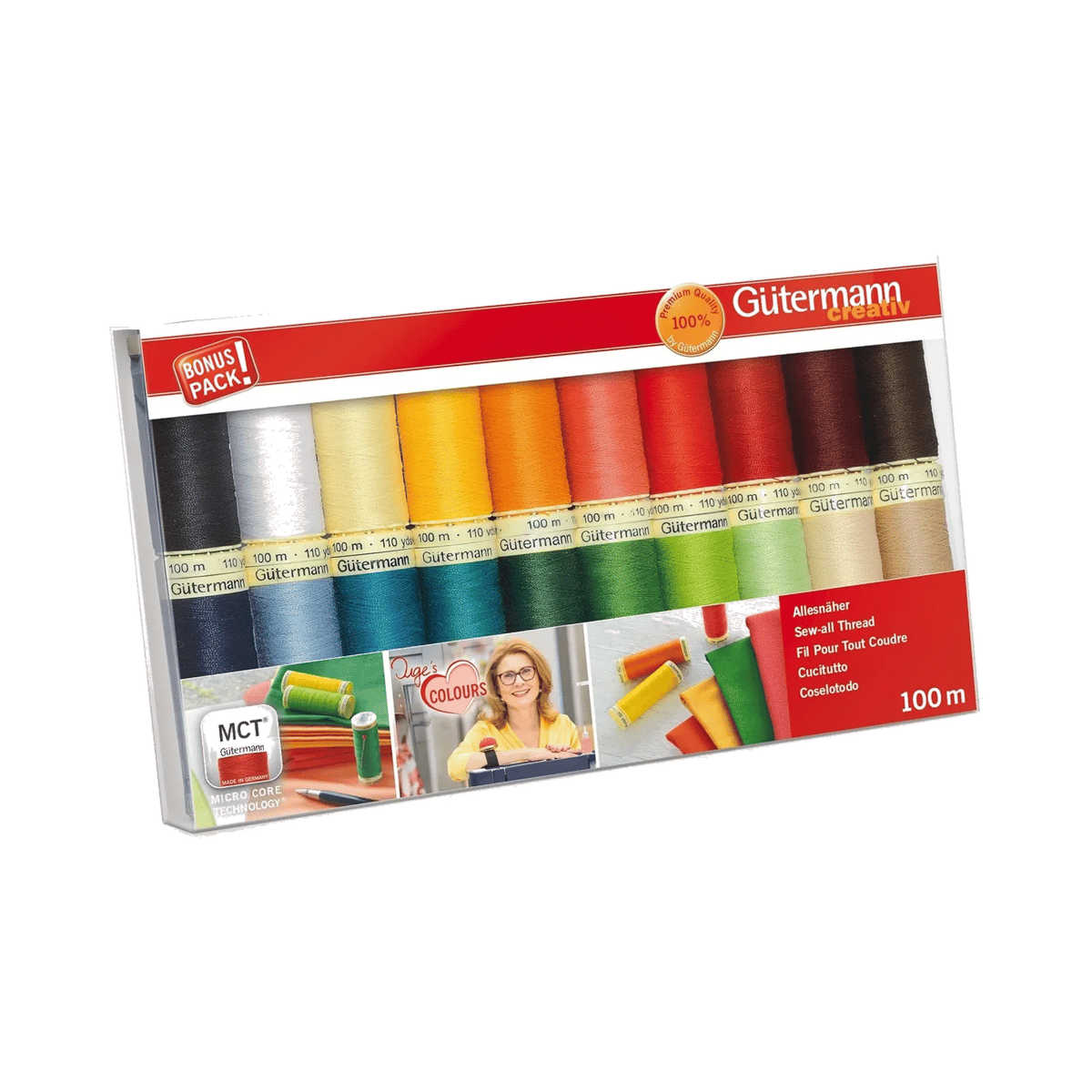 Juego de hilos Gütermann Sew-All: caja transparente con 20 carretes de 100 m en 20 colores distintos
