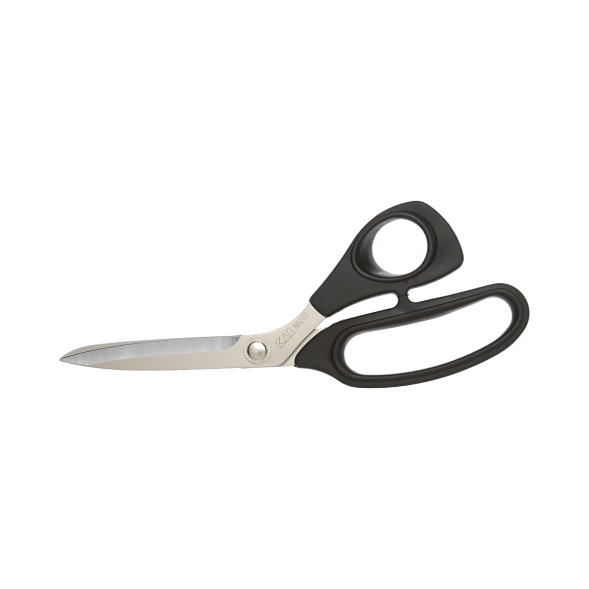 Tijeras de modistería Kai 5220 de 8 y media pulgadas, hojas de acero pulido y mangos negros, vistas de plano