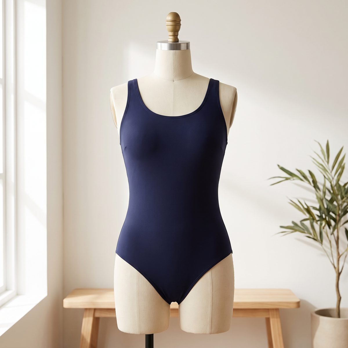 Vestido de baño enterizo azul noche en licra nylon montado en un maniquí de sastre, Textti