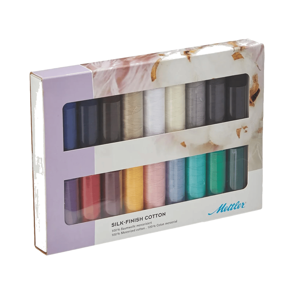 Juego de hilos Mettler Silk-Finish: la caja con ventana y los 18 carretes de algodón de colores surtidos a la vista
