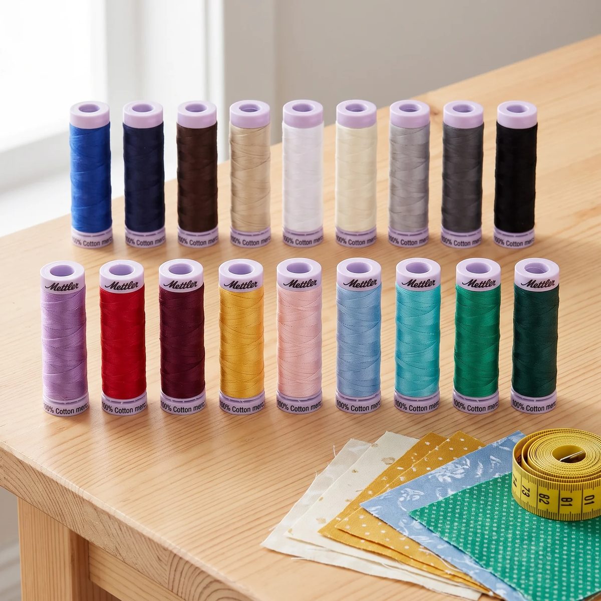Los 18 carretes de hilo Mettler Silk-Finish ordenados en la mesa de costura junto a retazos de algodón cortados para patchwork