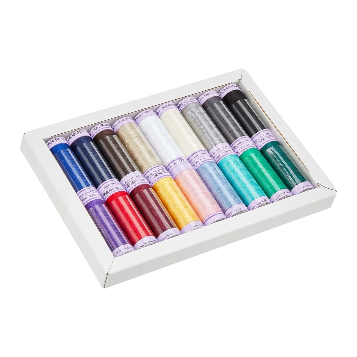 La caja abierta del juego Mettler Silk-Finish con los 18 carretes de hilo de algodón acostados en dos filas