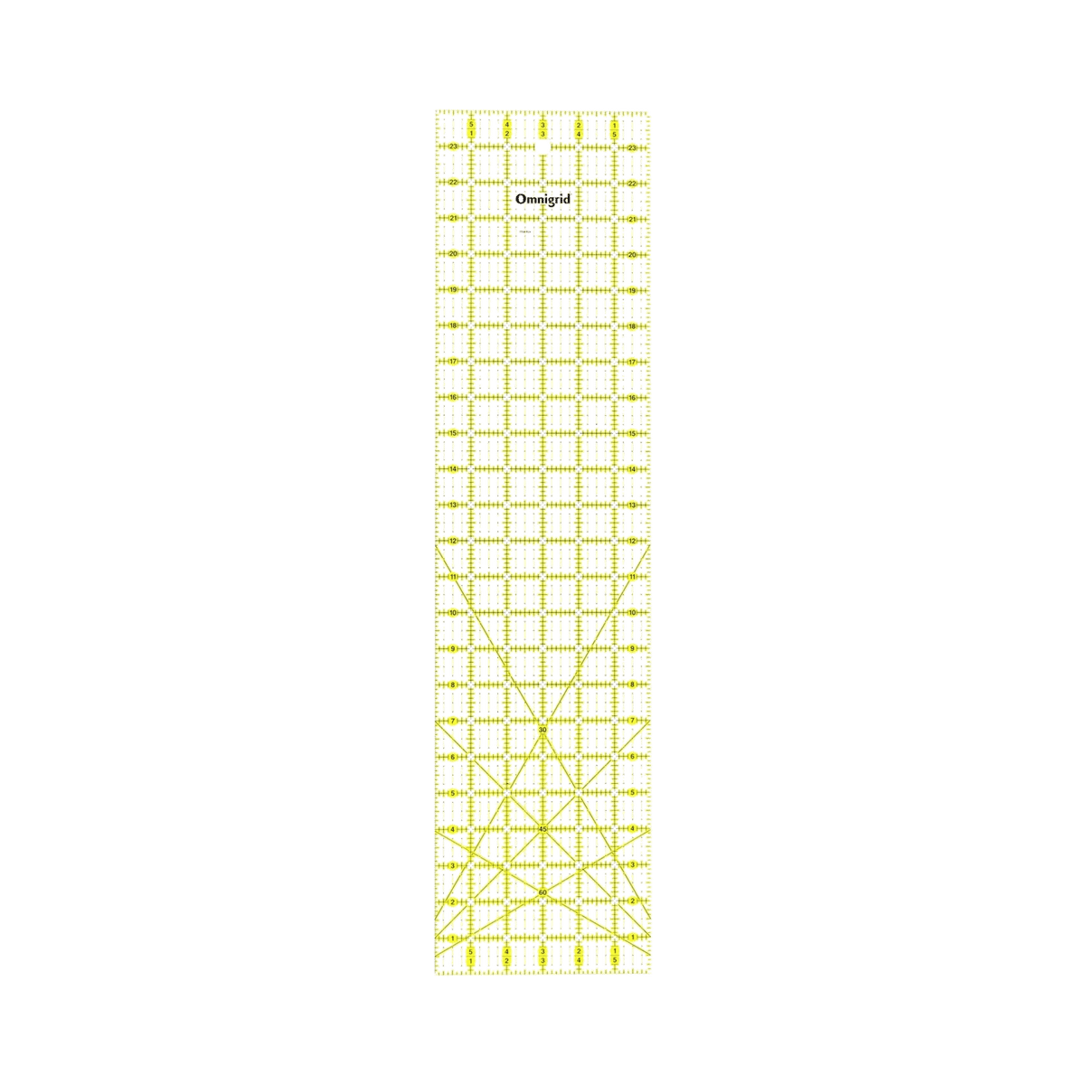 Regla de corte Omnigrid de 6 por 24 pulgadas en acrílico transparente con cuadrícula negra y amarilla, vista de plano