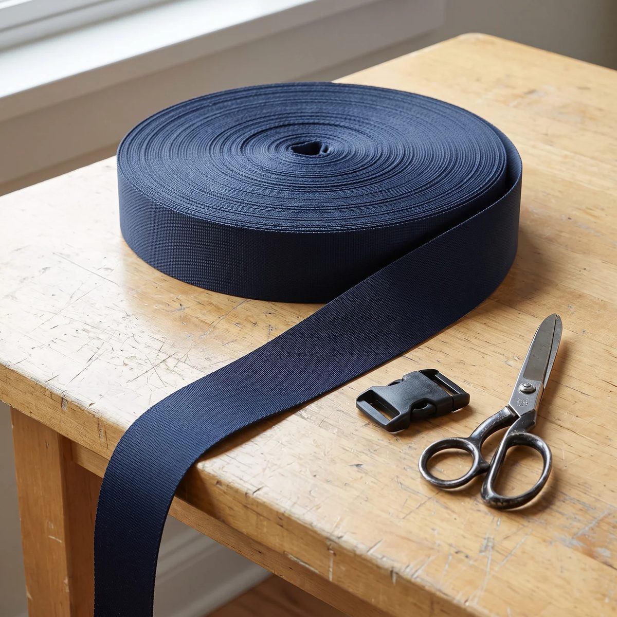 Rollo de reata azul oscuro en la mesa de taller, con una hebilla suelta y tijera