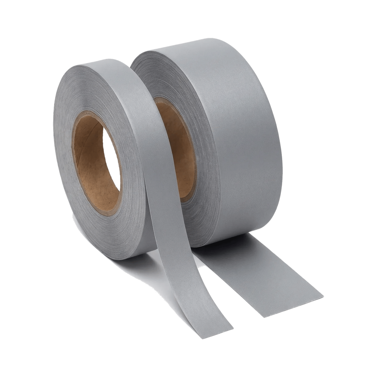 Dos rollos de cinta reflectiva gris con núcleo de cartón