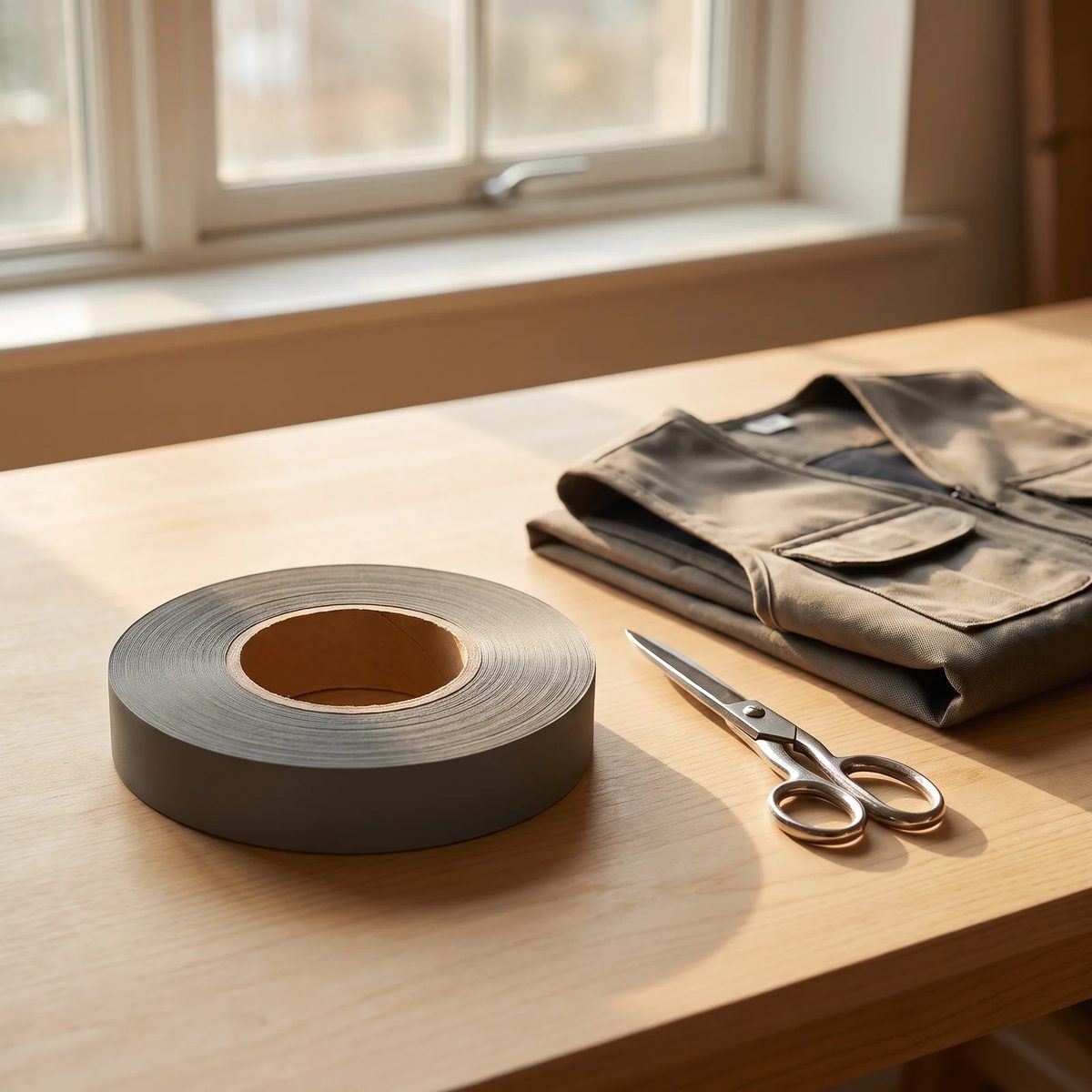 Rollo de cinta reflectiva y tijera sobre mesa de taller