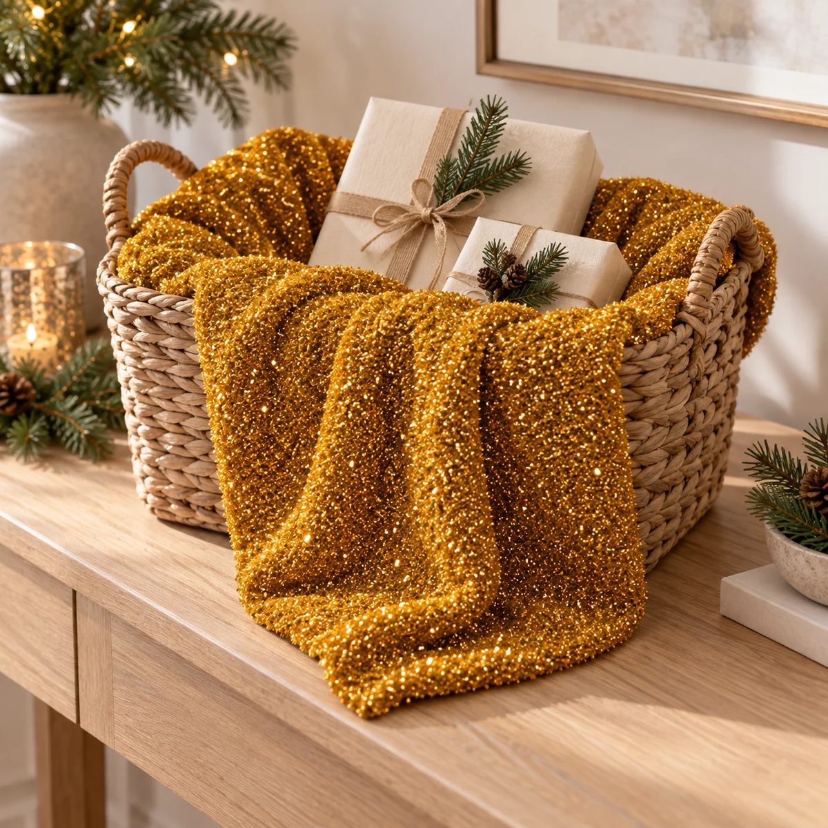 Tela esponjillón dorado en canasta de regalos
