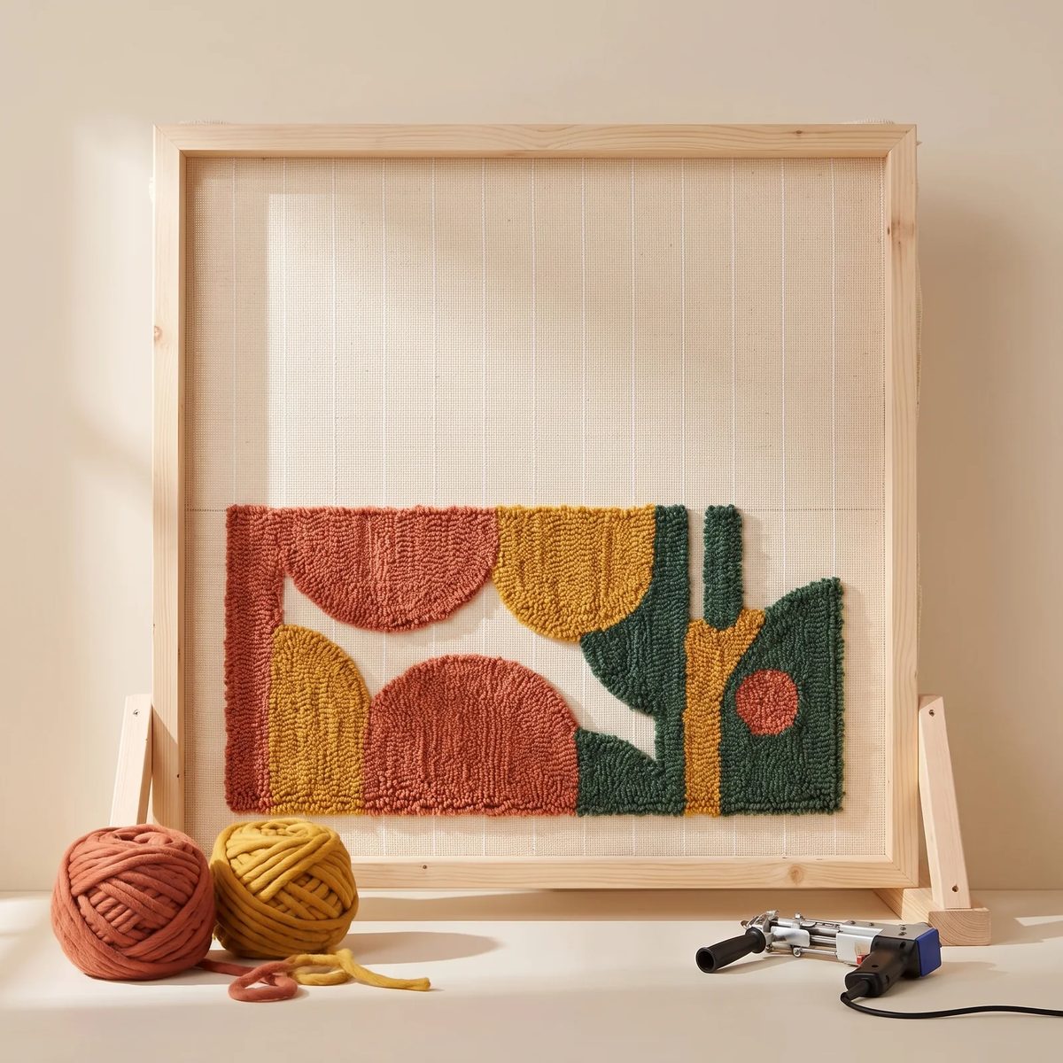 Tela monje tensada en un bastidor de tufting con un diseño a medio hacer en lana