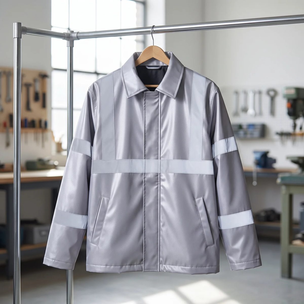 Tela reflectiva gris medio: chaqueta de trabajo con bandas reflectivas