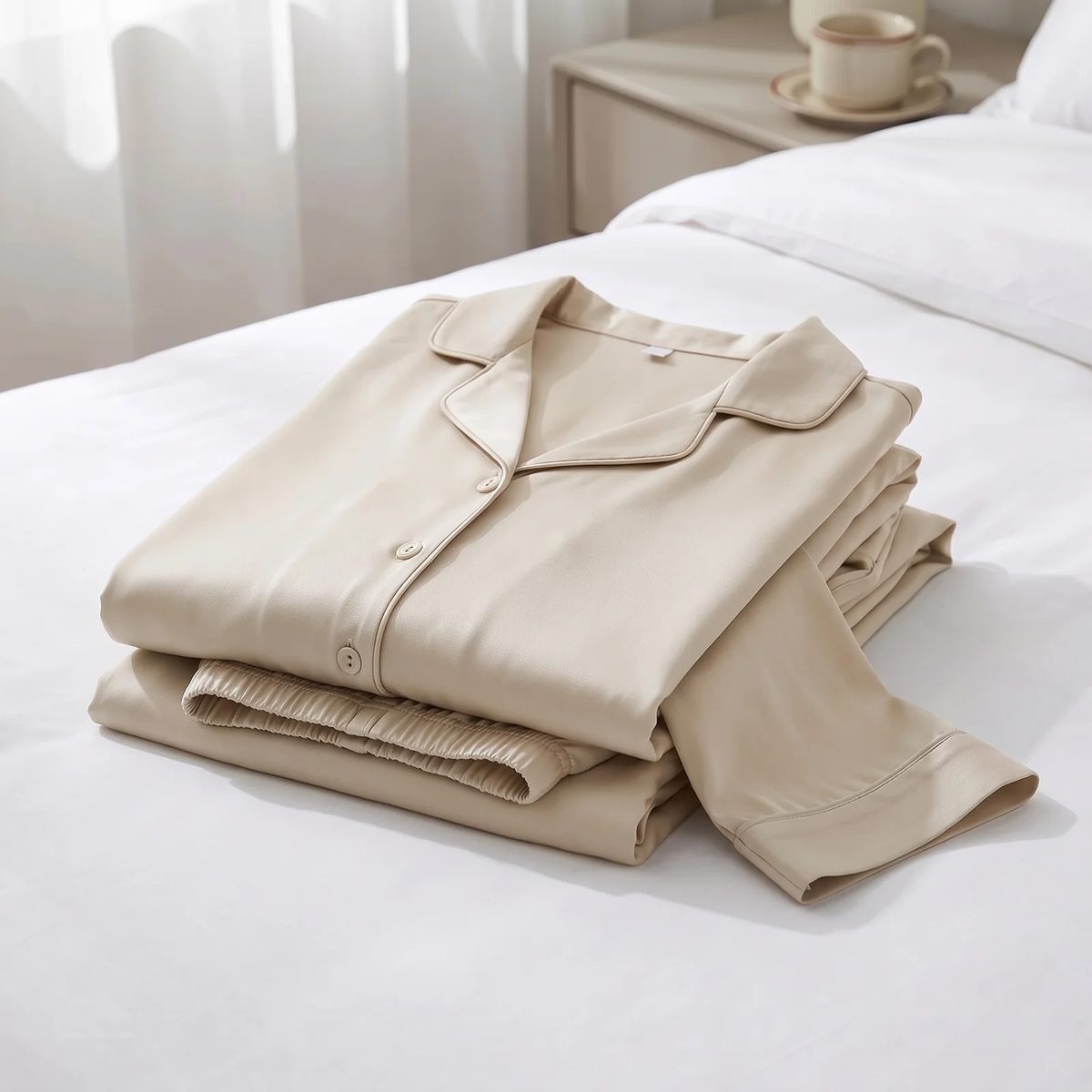 Tencel de Algodón color beige, confeccionada como pijama de camisa y pantalón, doblada sobre una cama