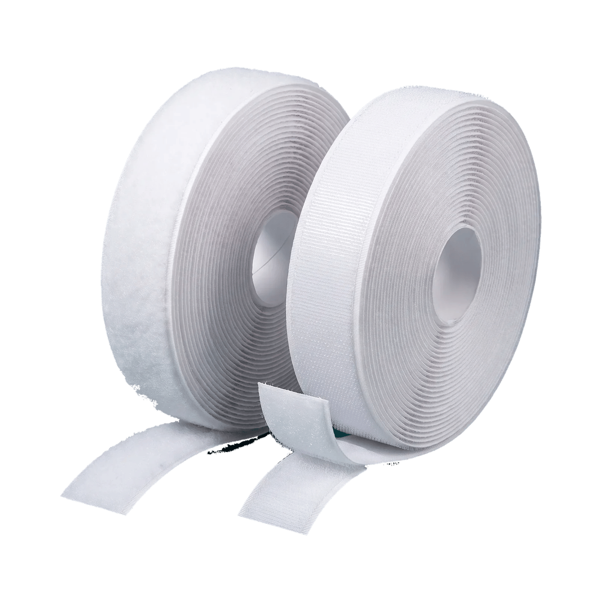 Las dos ruedas del velcro blanco de 25 mm, la de ganchos y la de bucles, con un tramo suelto de cada una