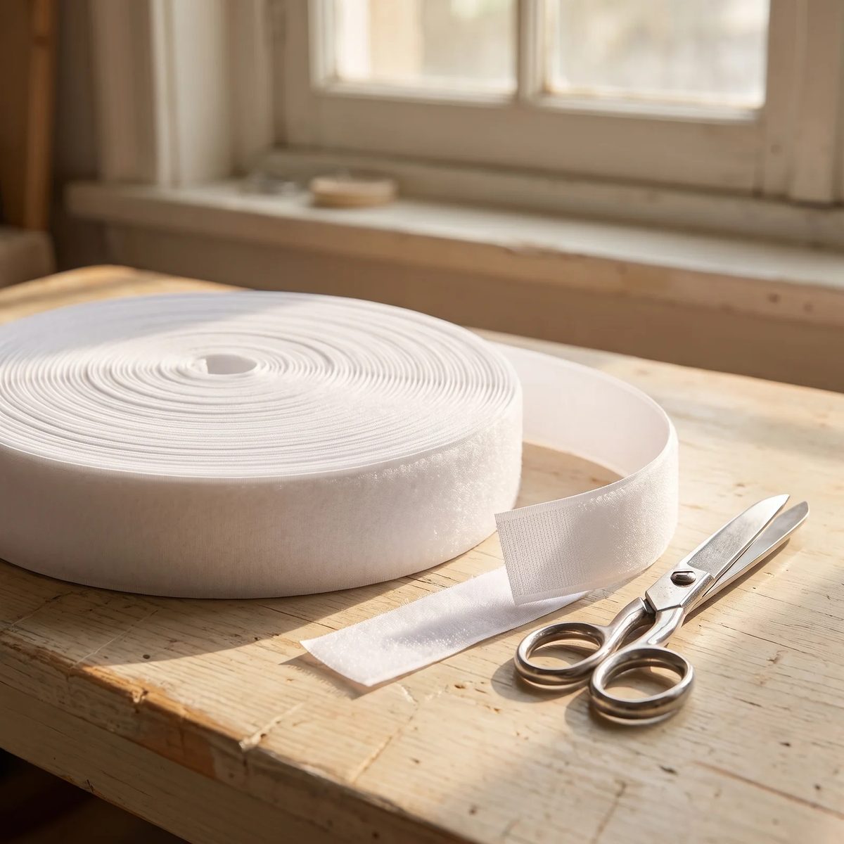 Rueda de velcro blanco de 25 mm sobre una mesa de taller junto a una tijera y un tramo ya cortado