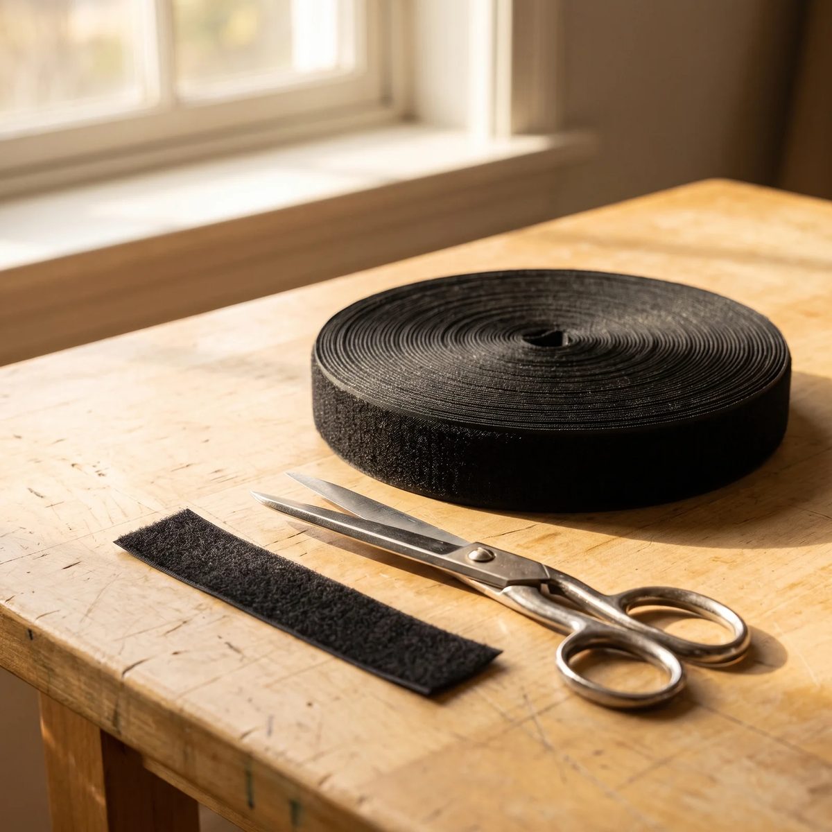 Rueda de velcro negro de 25 mm sobre una mesa de taller junto a una tijera y un tramo ya cortado