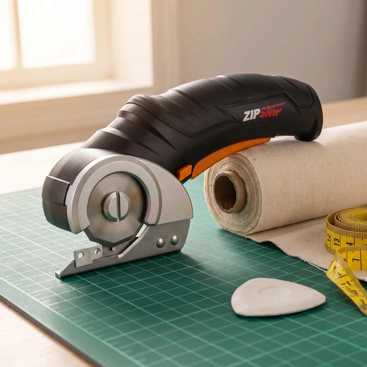 Tijeras eléctricas WORX ZipSnip sobre una mesa de corte junto a un rollo de algodón crudo y una cinta métrica