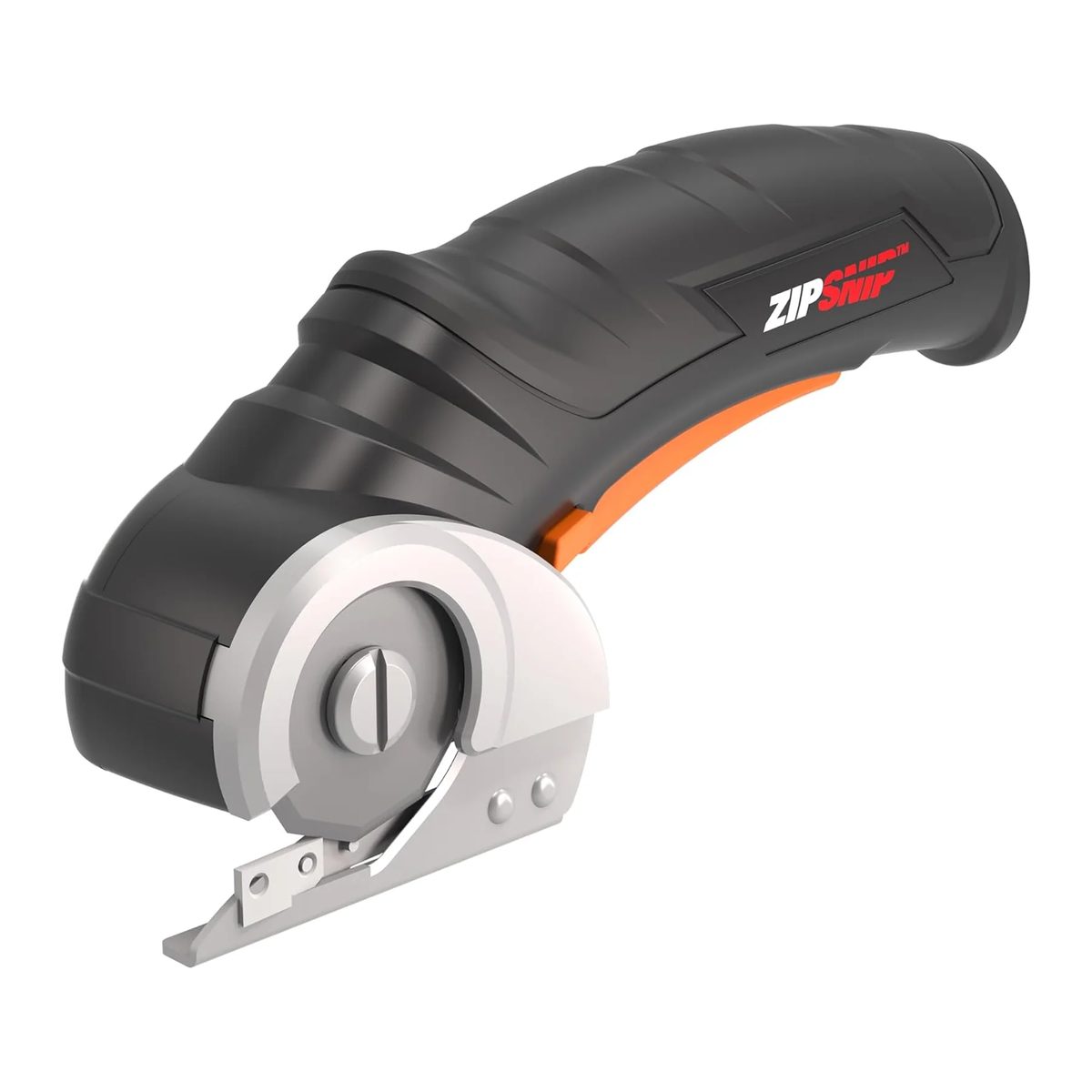 Tijeras eléctricas WORX ZipSnip 4V vistas de lado, con la cuchilla circular de acero y el gatillo naranja