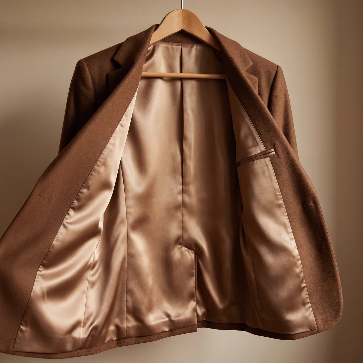 Satín de acetato: una chaqueta abierta en un gancho, con el forro de satín de acetato color café a la vista