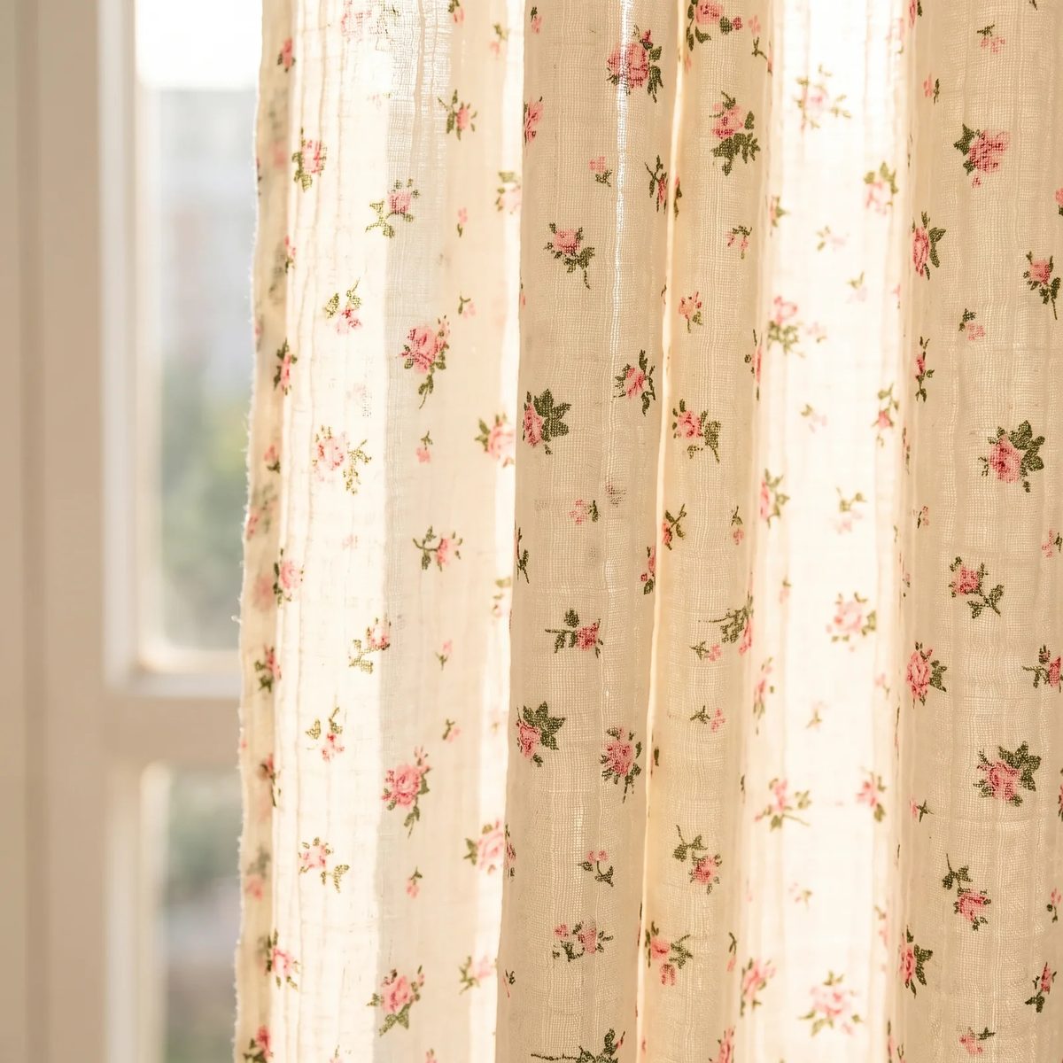 Muselina de algodón rojo floral a contraluz en una ventana: la luz pasa por el tejido de doble gasa