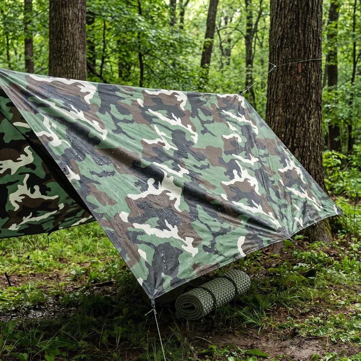 Ripstop de Nylon Impermeable color camuflado verde: un toldo de camping en Ripstop de Nylon Impermeable con gotas de lluvia resbalando