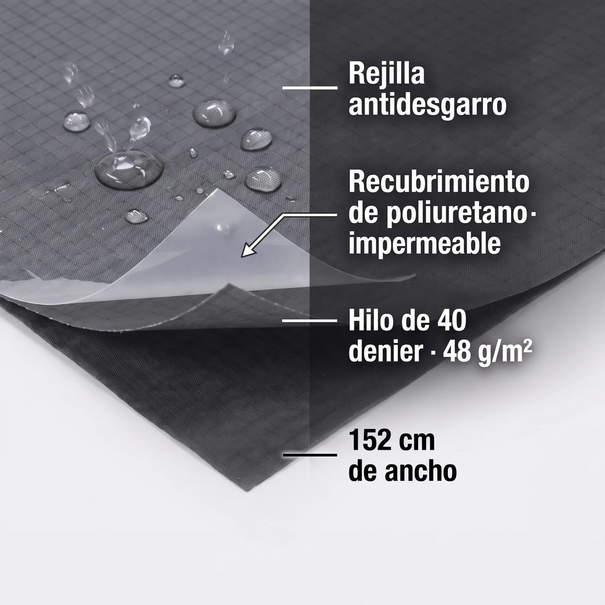 Ripstop de Nylon Impermeable por dentro: rejilla antidesgarro, recubrimiento de poliuretano impermeable, hilo de 40 denier y 48 g/m², 152 cm de ancho