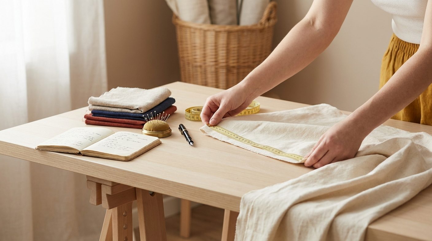 Manos midiendo una tela natural con un metro de costura amarillo sobre una mesa de madera clara con libreta, alfiletero y muestras de tela en colores tierra.