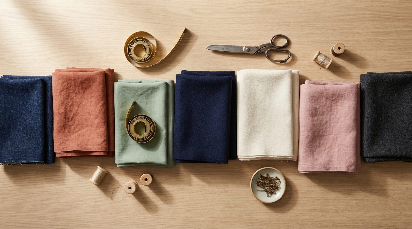 Flatlay de telas dobladas en colores tierra y joya con tijeras de sastre, metro de costura, carretes de hilo y alfileres.