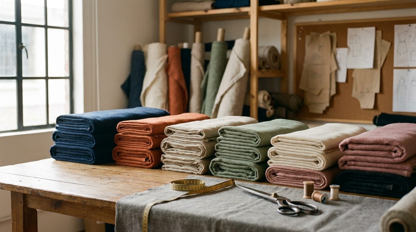 Mesa de trabajo textil con telas dobladas en índigo, terracota, lino crudo, verde y rosa, junto a un metro de costura y tijeras de sastre.