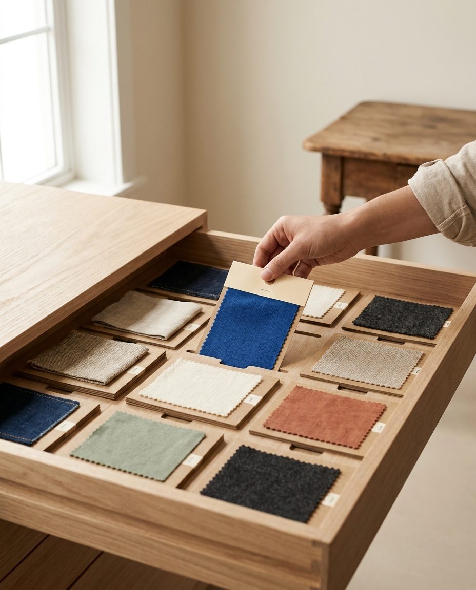 Cajón de madera con muestras de tela ordenadas como archivo; una mano saca la muestra de tela azul cobalto.