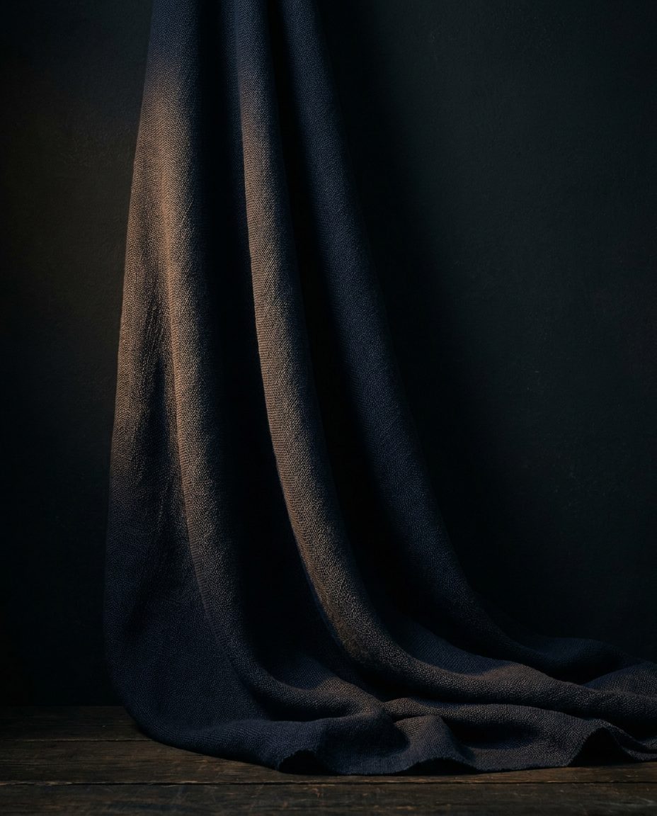 Tela azul índigo drapeada sobre fondo oscuro, iluminada con una luz cálida lateral.